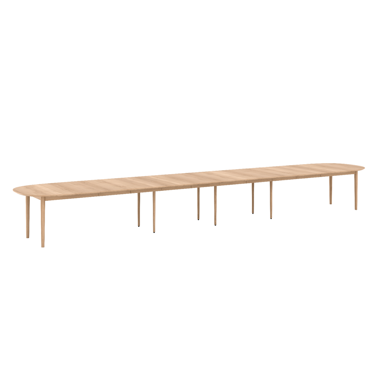 Oval extendable dining table in oak on a white background