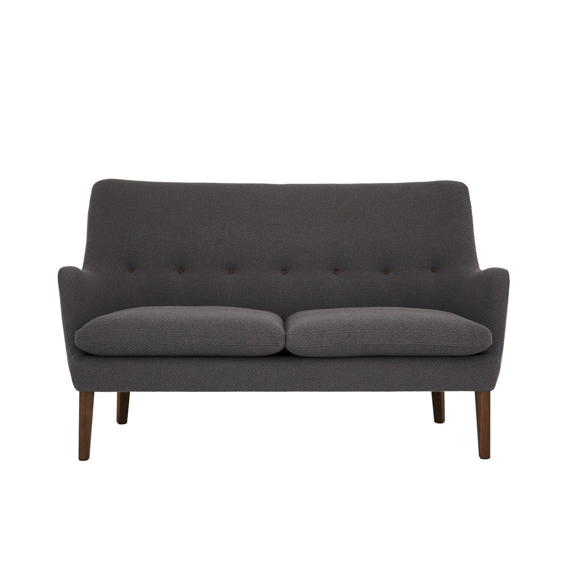 A modern two-seater loveseat sofa upholstered in dark gray textured fabric, featuring a button-tufted backrest and tapered wooden legs, shown against a plain white background.