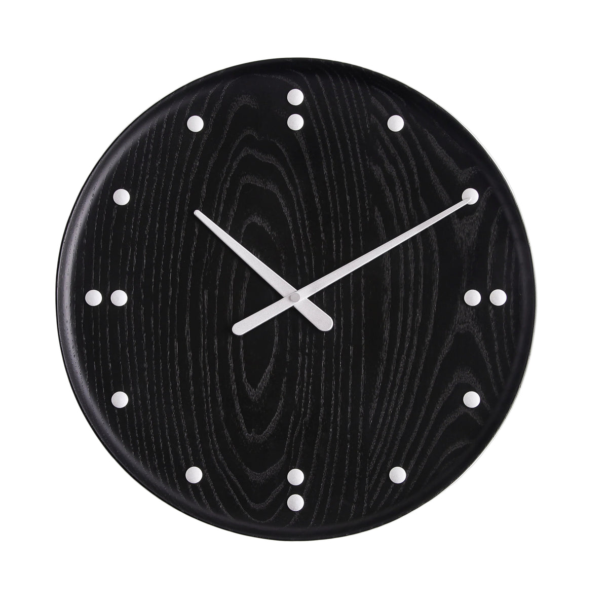 A minimalist round wall clock with a black wood-grain face, silver hands, and silver dot hour markers, shown against a clean white background.