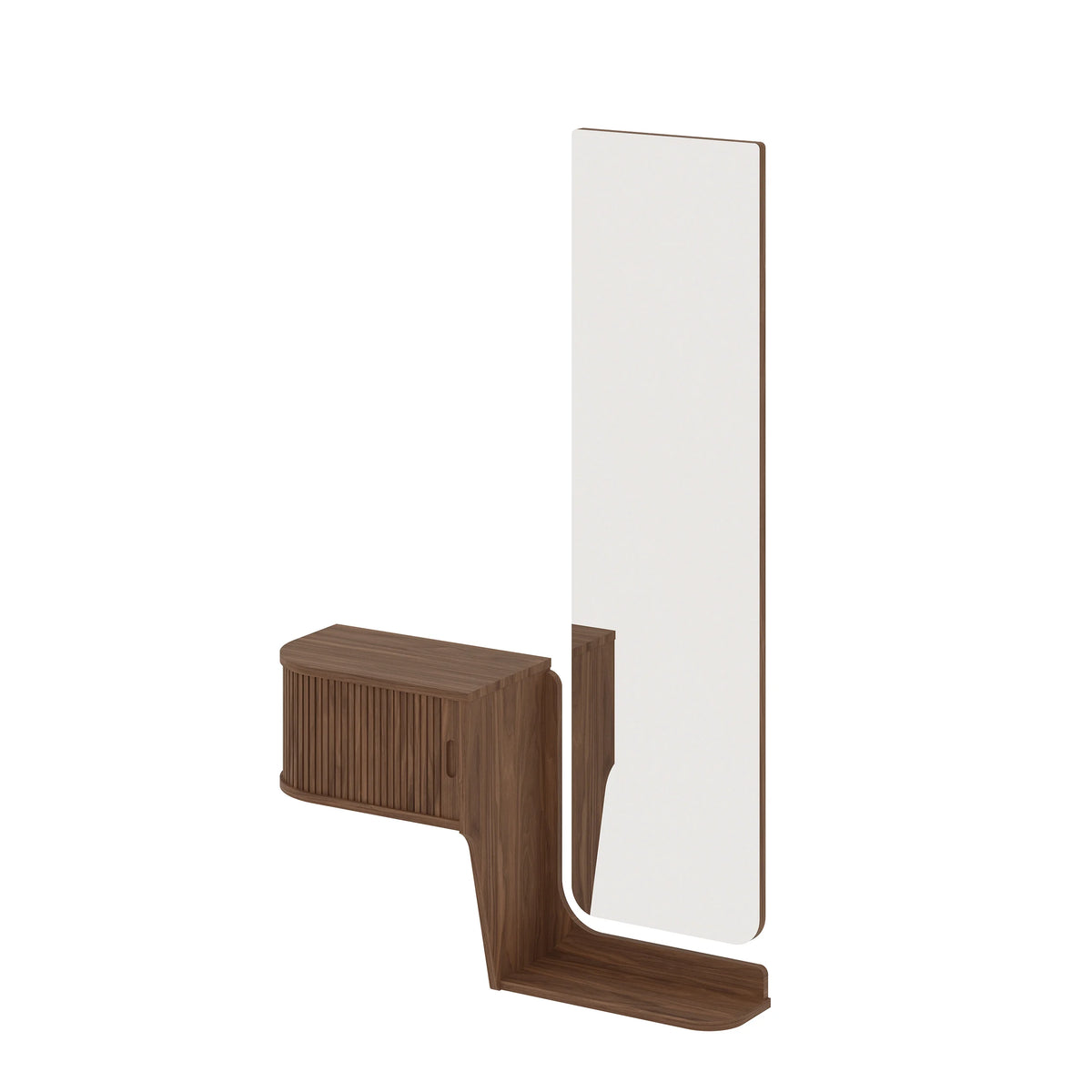 A modern wall-mounted vanity mirror with a dark brown wood base and a small matching side cabinet, shown on a plain white background.