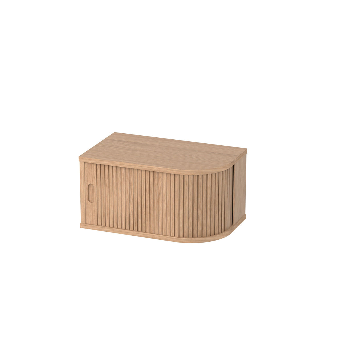 A small wall-mounted bedside console in oak with front and rounded bottom corners, shown on a plain white background.