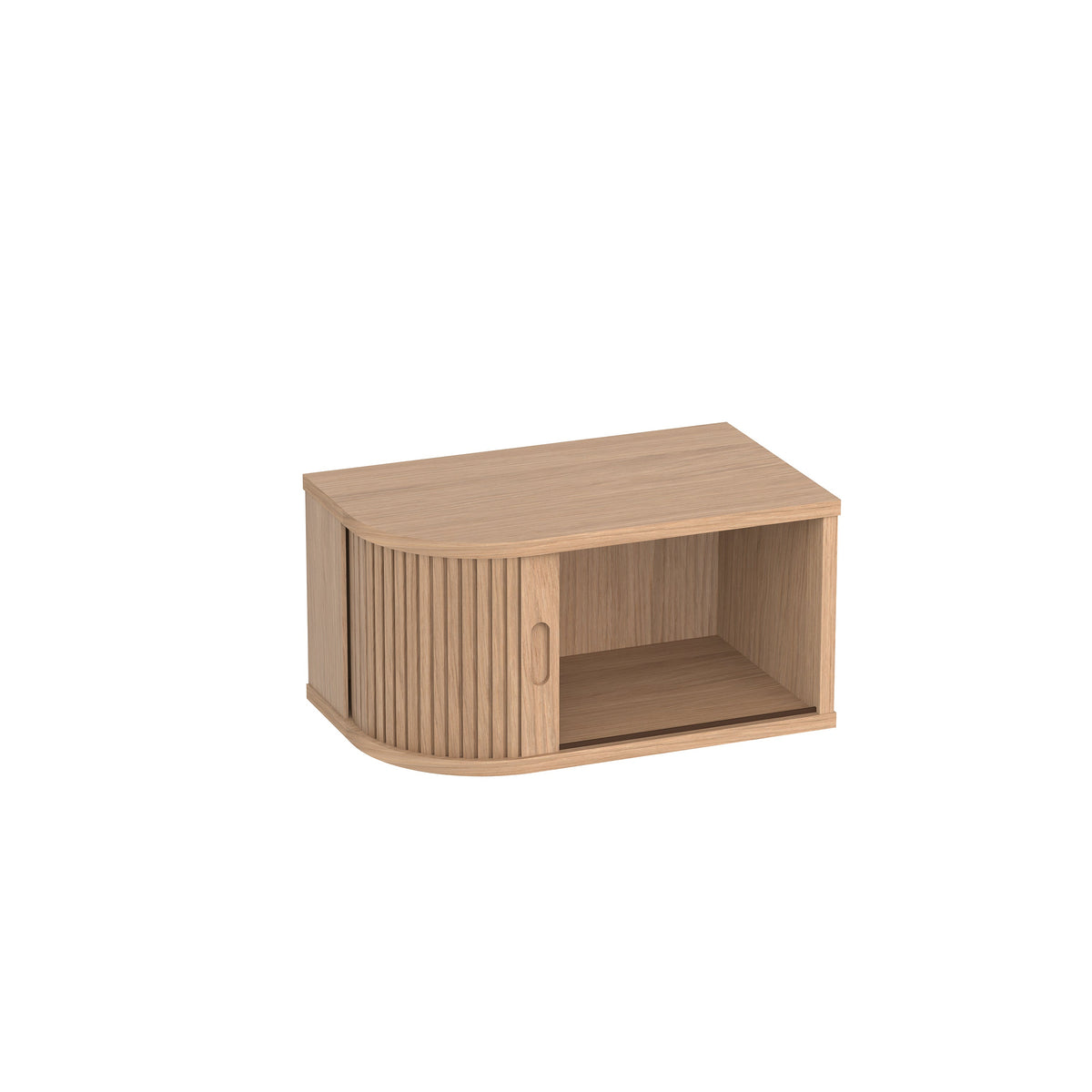 A small wooden storage cabinet with a slatted front and open shelf, shown on a plain white background.