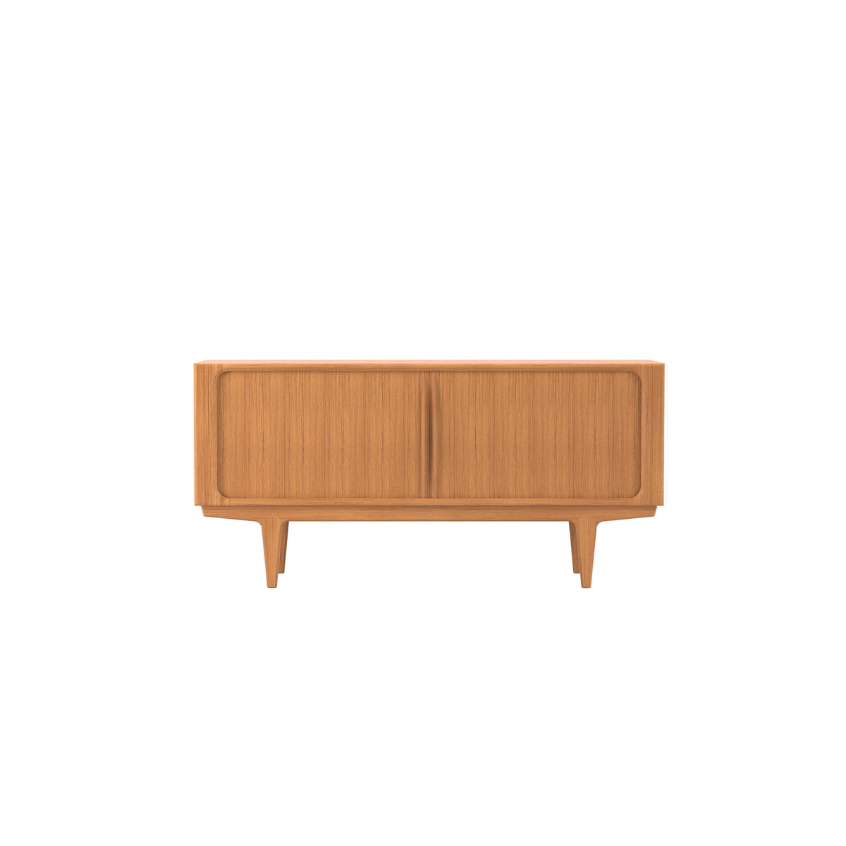 A mid-century modern wooden sideboard or credenza with two vertical-panel doors, tapered legs, and a warm teak finish, shown from a front-facing perspective on a solid white background.