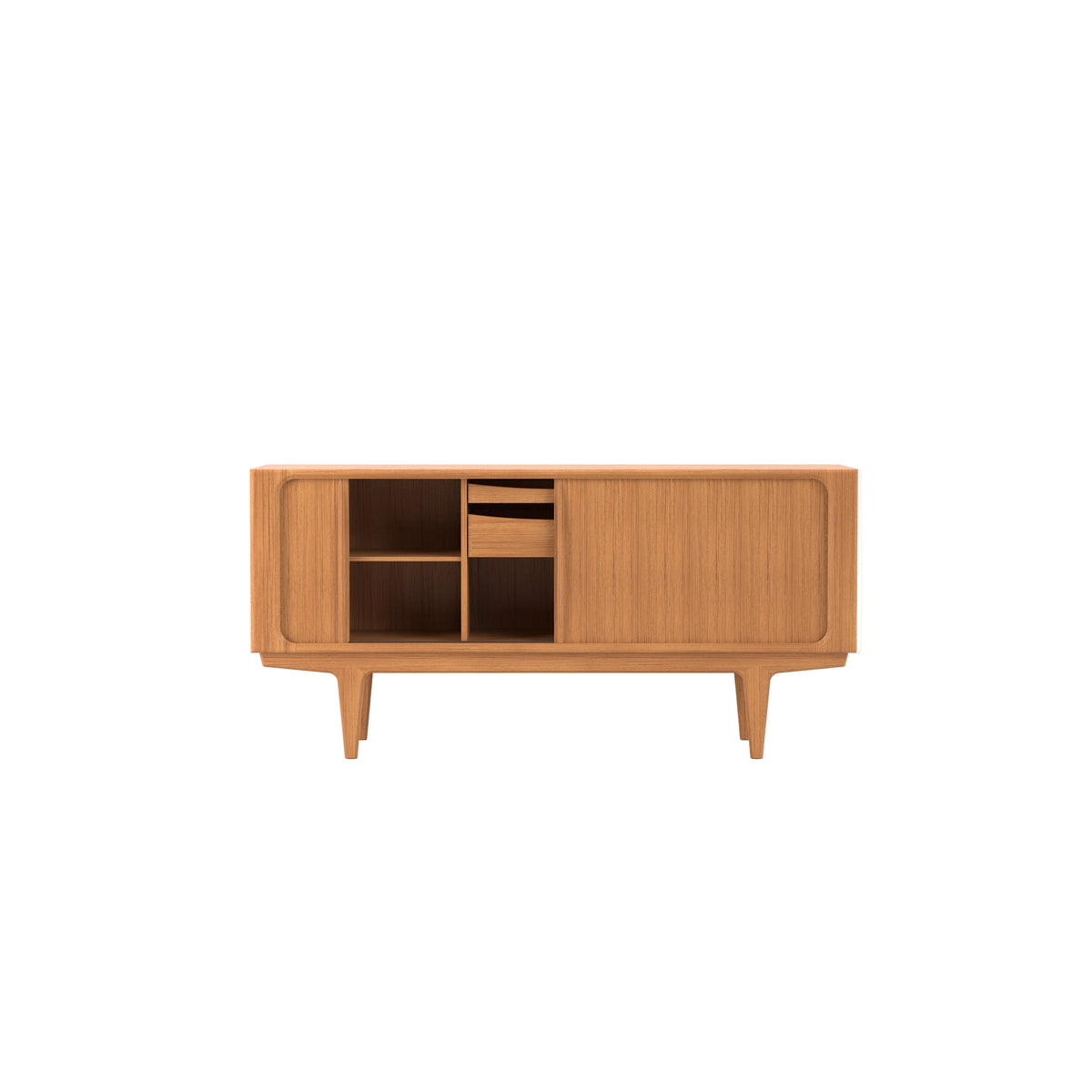 A mid-century modern wooden sideboard cabinet with a warm honey-wood finish, featuring open shelving on the left and a drawer on the right, supported by tapered legs, shown against a plain white background.