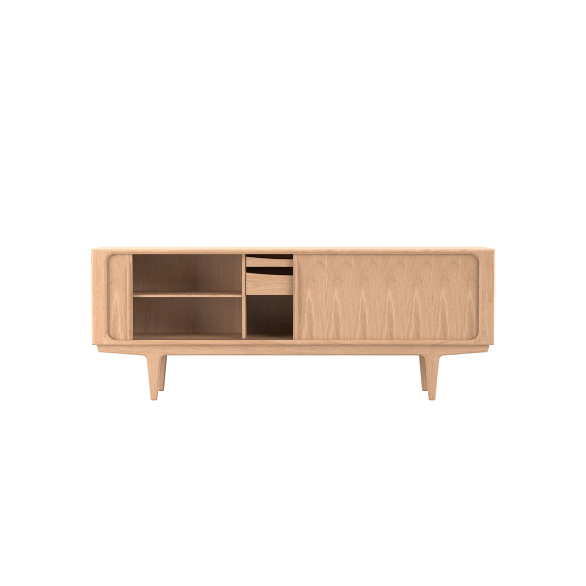 A mid-century modern sideboard cabinet in light natural oak, featuring open shelving on the left, a central drawer, and a sliding door on the right, shown against a plain white background.