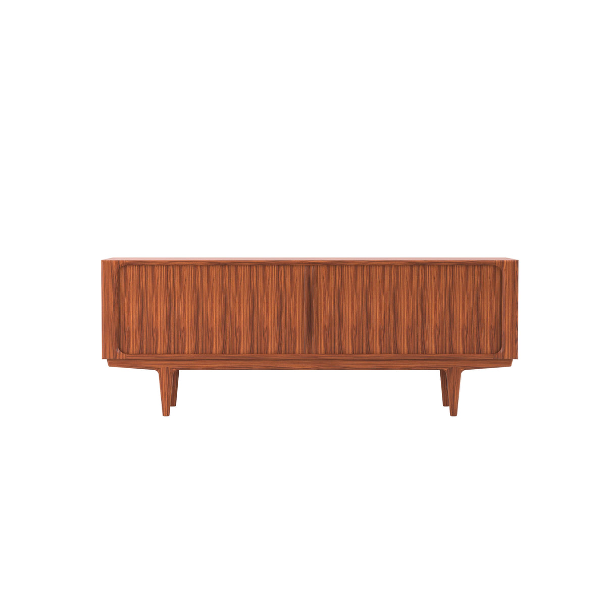 A mid-century modern wooden sideboard in Brazilian rosewood, featuring two cabinet doors with vertical fluting and tapered legs, shown against a plain white background.