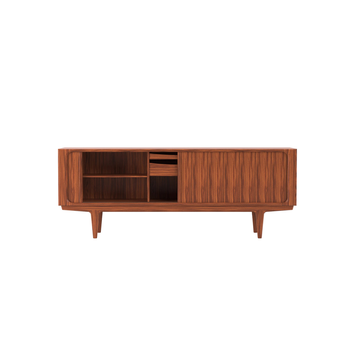 Mid-century modern wooden sideboard cabinet in Brazilian rosewood, featuring two cabinet doors, an open shelf section, and tapered legs, shown against a plain white background.