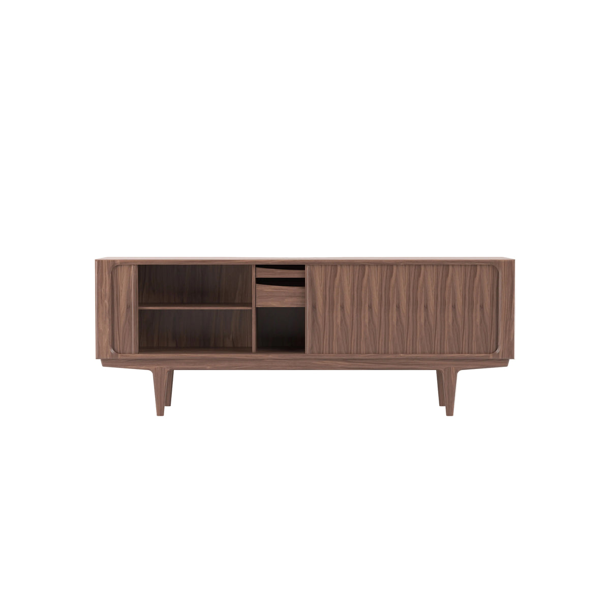 Mid-century modern wooden media console with a walnut finish, featuring open shelving on the left, a central drawer, and a closed cabinet door on the right, supported by tapered legs.