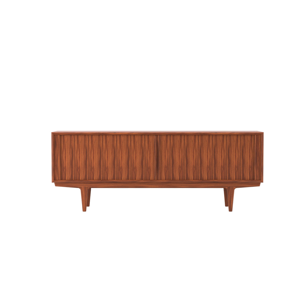 Mid-century Modern wooden sideboard in Brazilian rosewood, featuring two doors, a low profile, and tapered legs, shown against a plain white background.