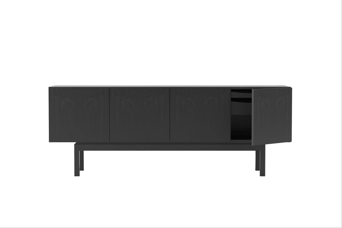 A modern black sideboard with four cabinet doors, featuring a single open shelf on the right side, shown against a plain white background.