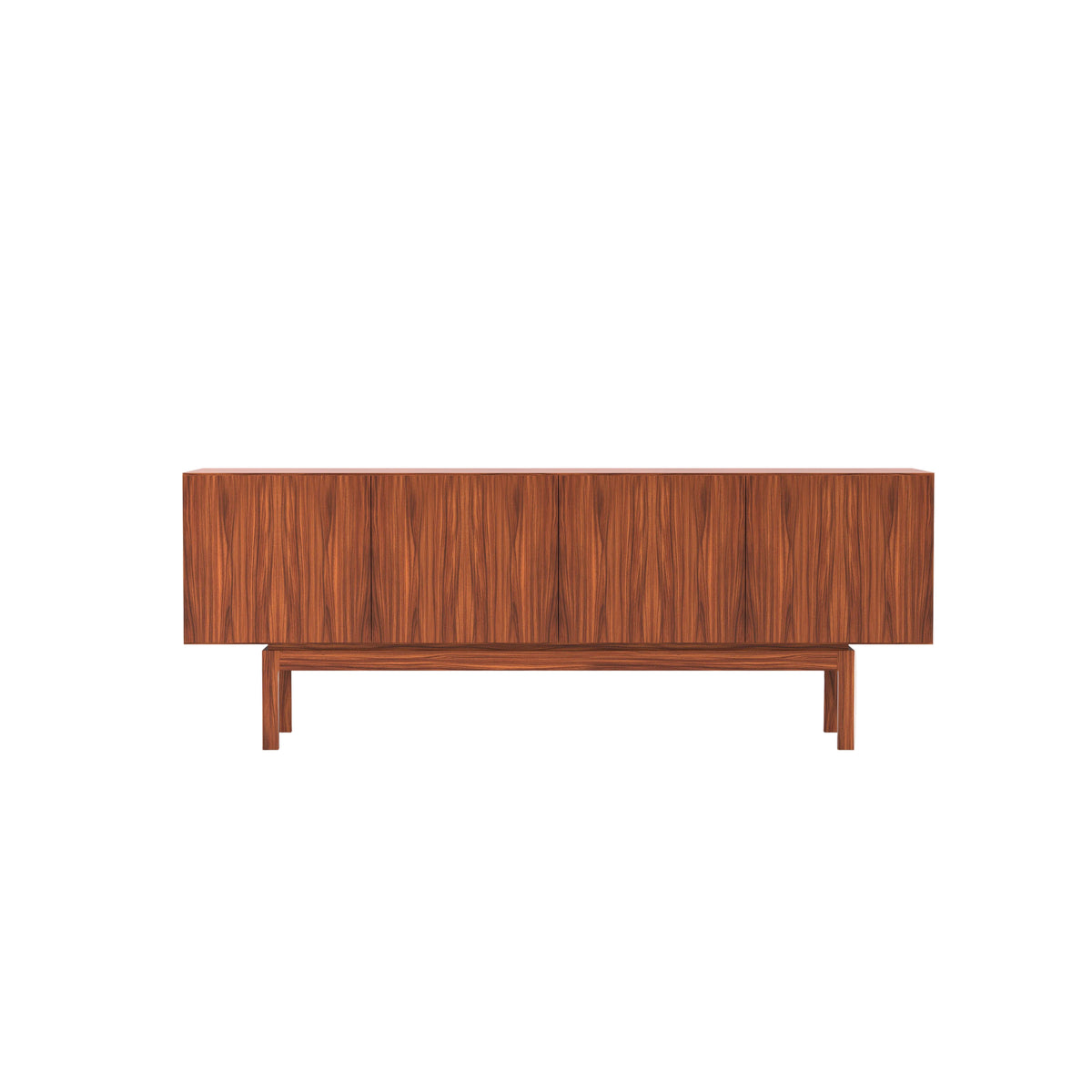 A mid-century modern wooden sideboard or credenza with a warm reddish-brown wood grain finish, shown from the front against a solid white background.