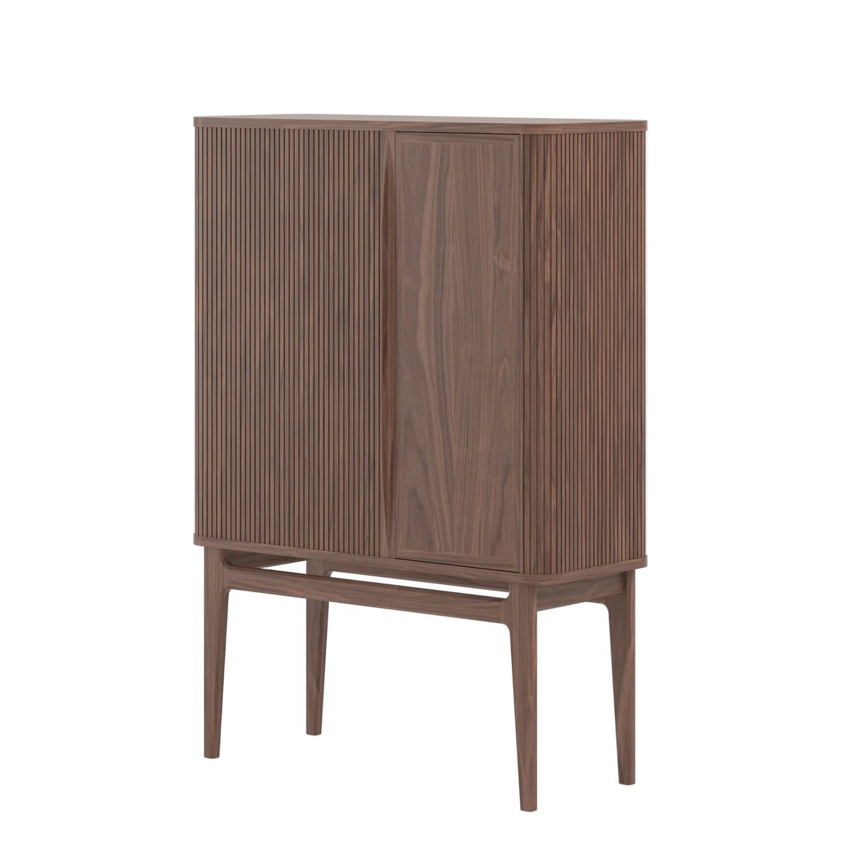 A mid-century Modern wooden cabinet in walnut, featuring fluted doors and tapered legs, shown against a plain white background.