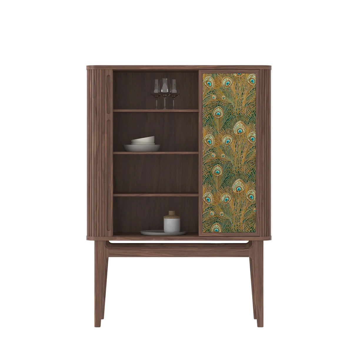 A mid-century Modern walnut cabinet, featuring open shelves on the left and a right door decorated with a vibrant peacock feather pattern in green, gold, and blue.