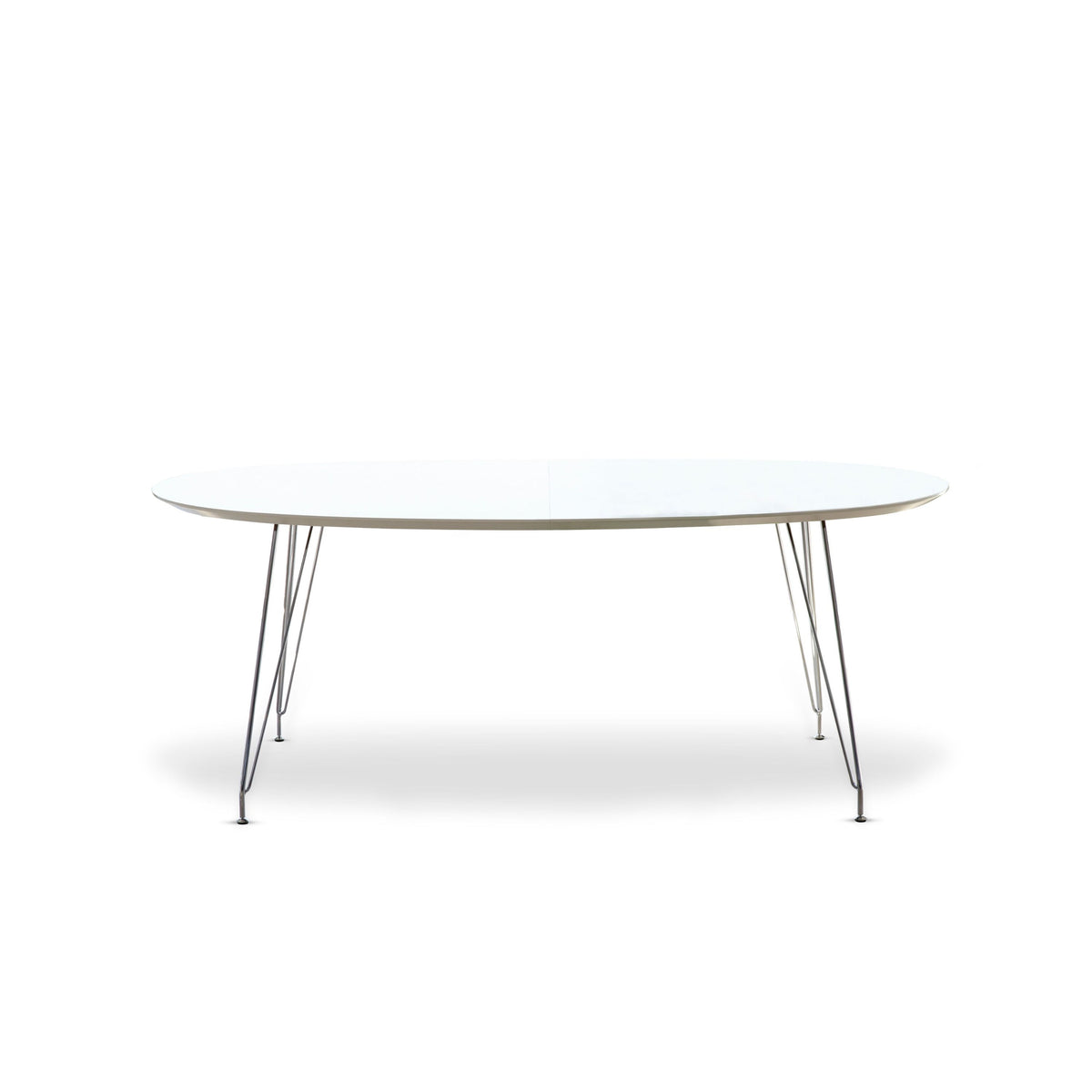 An oval dining table with a white laminate top and slim chromed metal hairpin legs, shown on a clean white background.