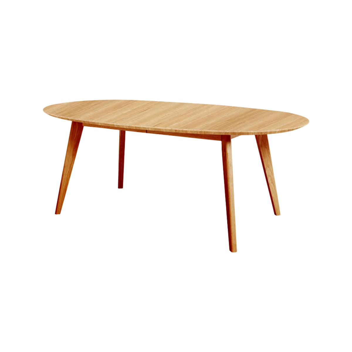 An oval wooden dining table with tapered legs, shown from a three-quarters angle on a plain white background.