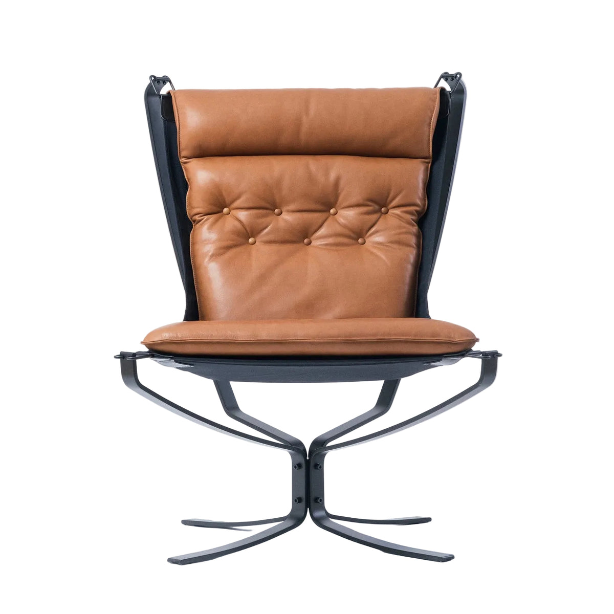 A modern lounge chair with a tufted brown leather seat and backrest, supported by a black metal frame with a curved base, shown against a plain white studio background.