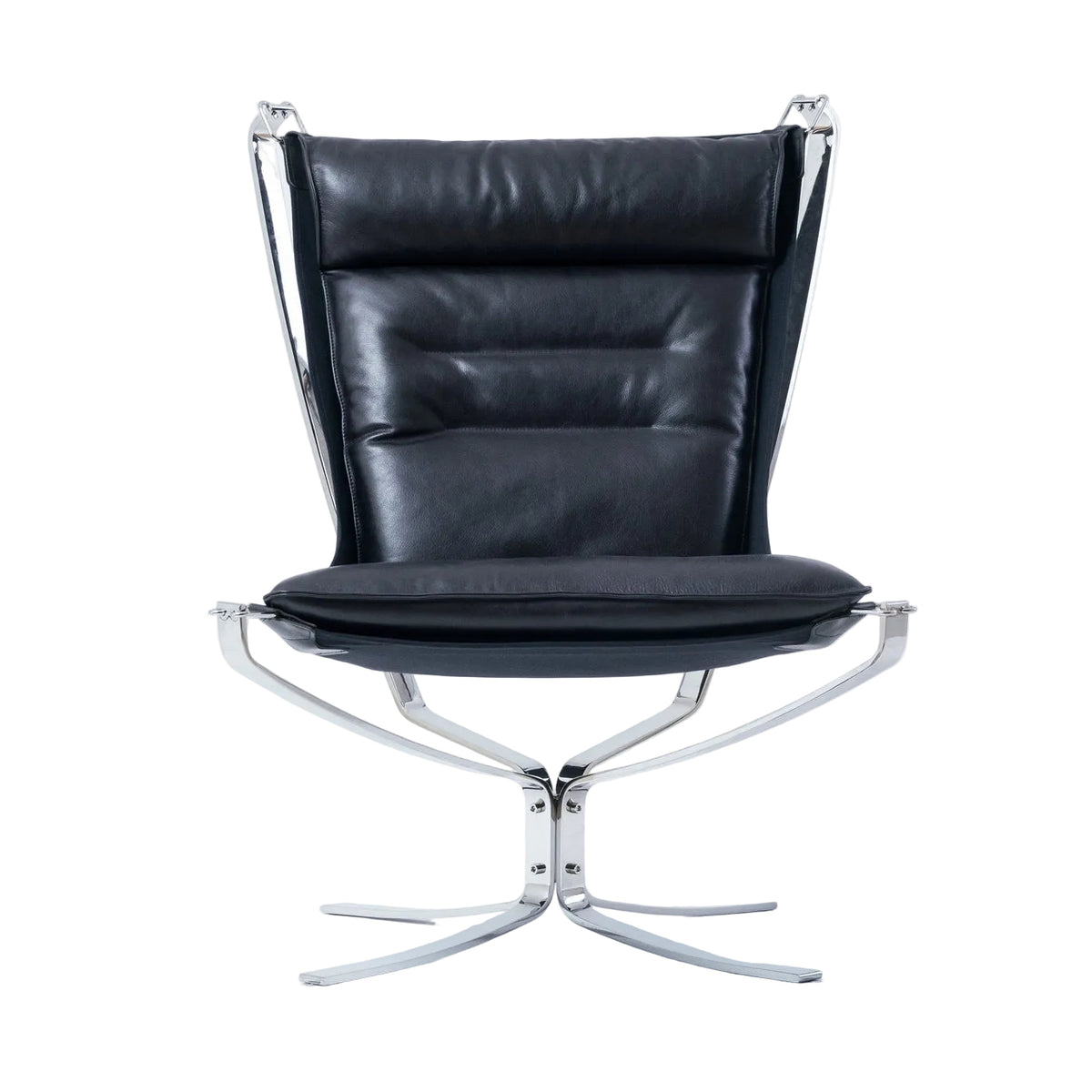 A modern black leather lounge chair with a high segmented backrest and a chrome metal swivel base, photographed against a seamless white studio background.