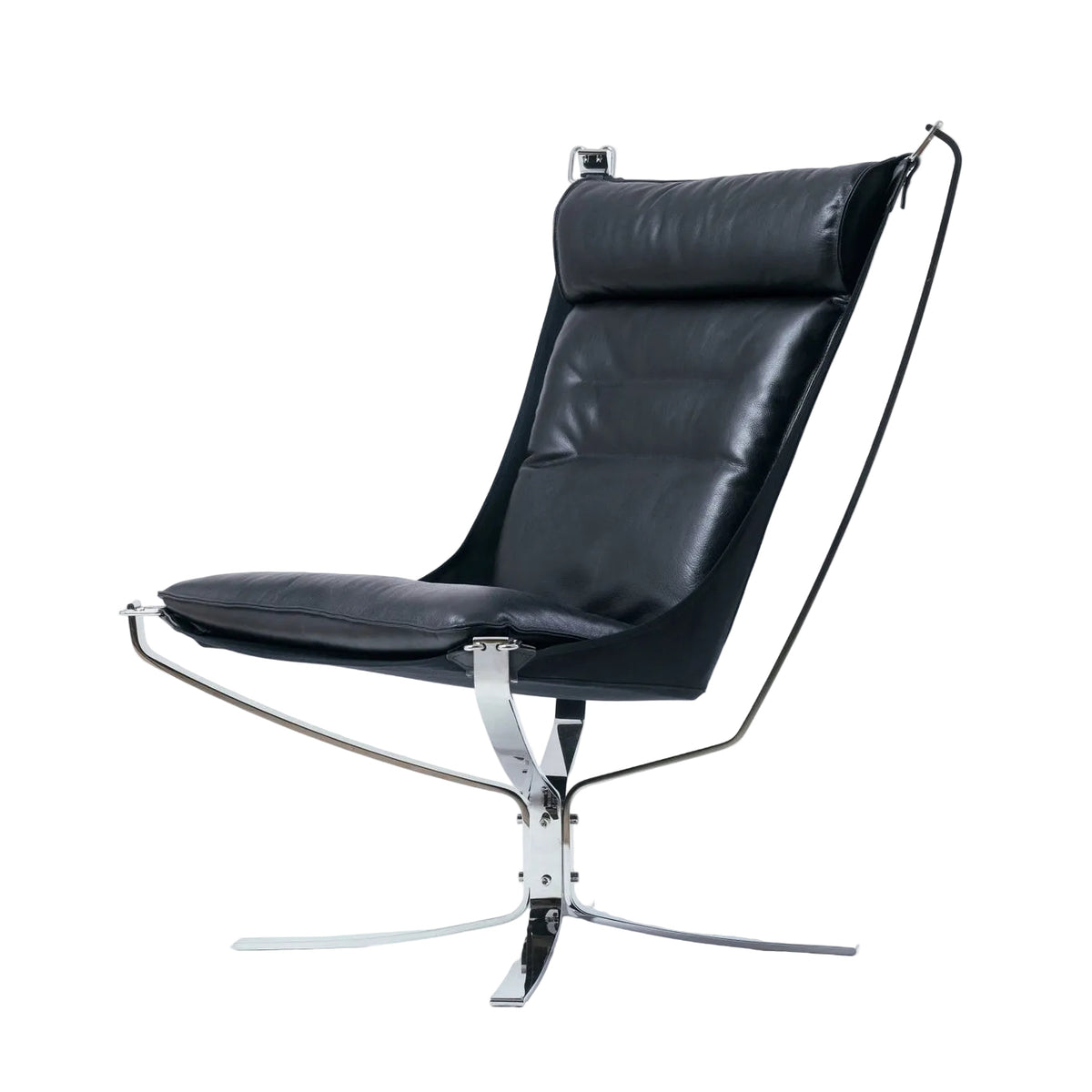 A modern black leather lounge chair with a high backrest, curved chrome metal frame, and a four-star pedestal base, photographed against a seamless white studio background.