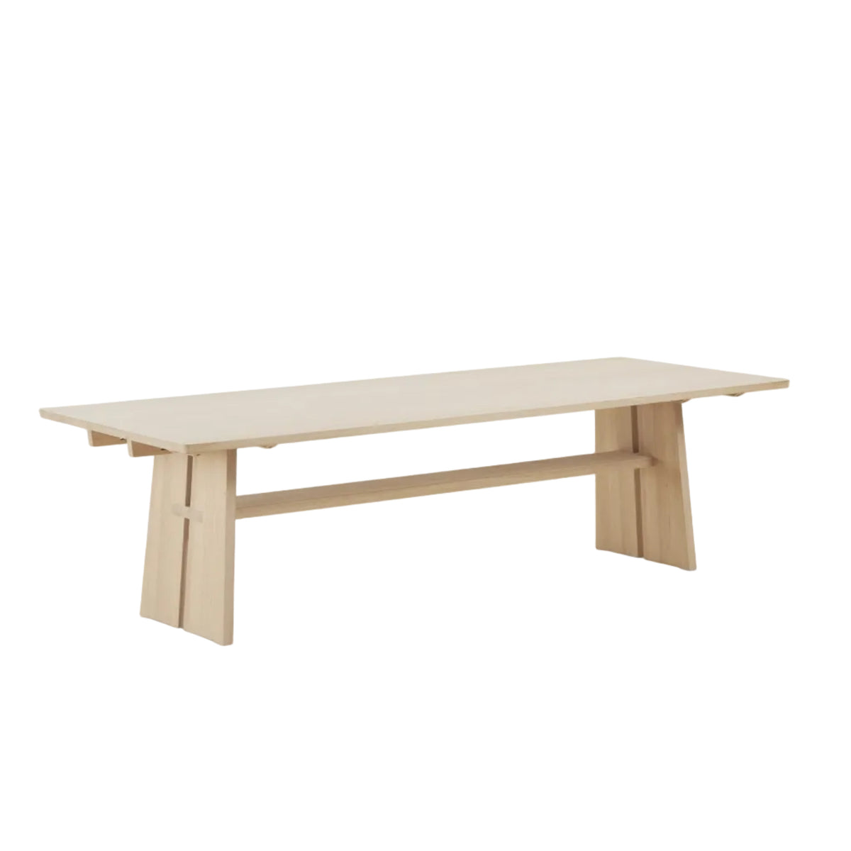 A light natural wood dining table with a rectangular top and integrated support beams, shown on a clean white background.