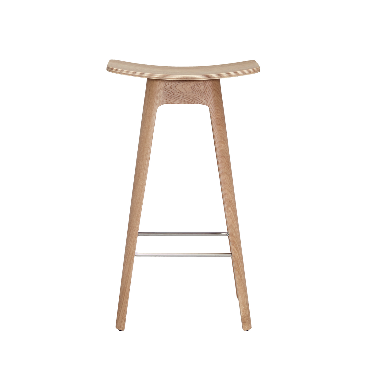 A modern wooden bar stool with a curved, light natural oak seat and four tapered legs, featuring a thin metal footrest, shown against a plain white background.