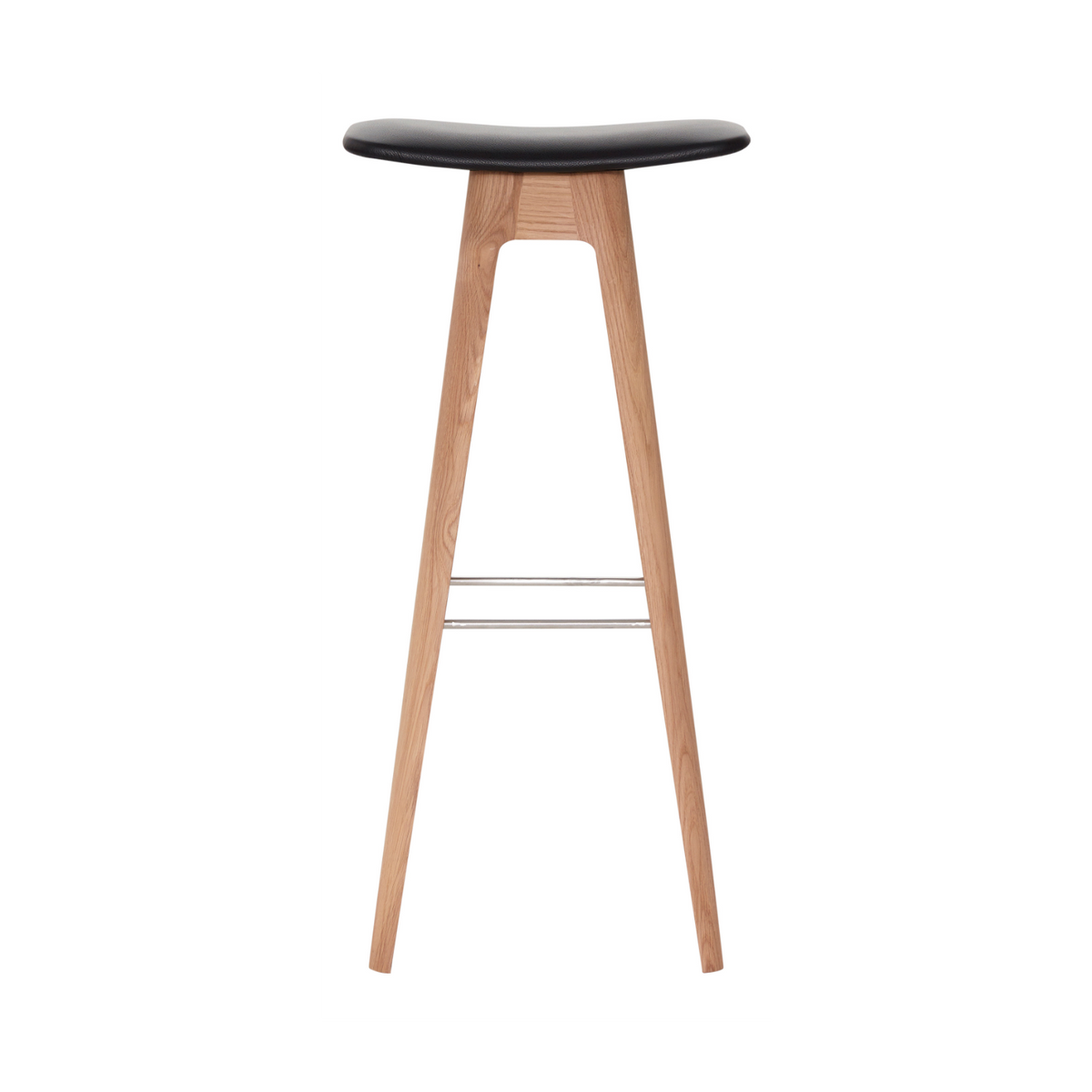A modern bar stool with a light natural wood frame, angled splayed legs, and a black upholstered seat on a plain white background.