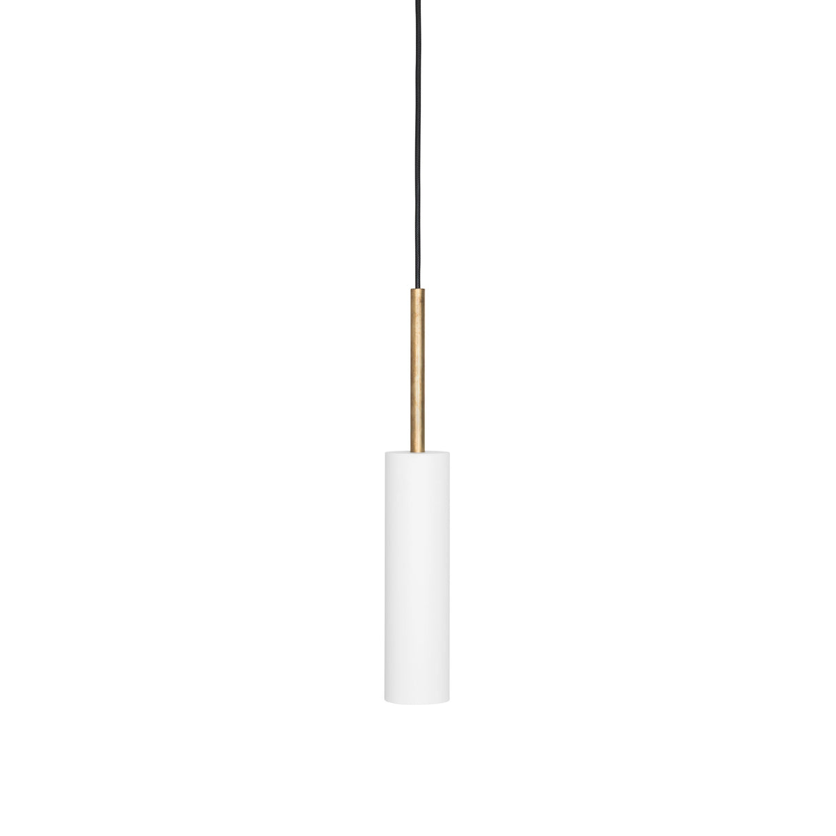 A modern pendant light with a matte white cylindrical shade, a slim vertical brass-toned metal stem, and a black hanging cord, shown against a plain white background.