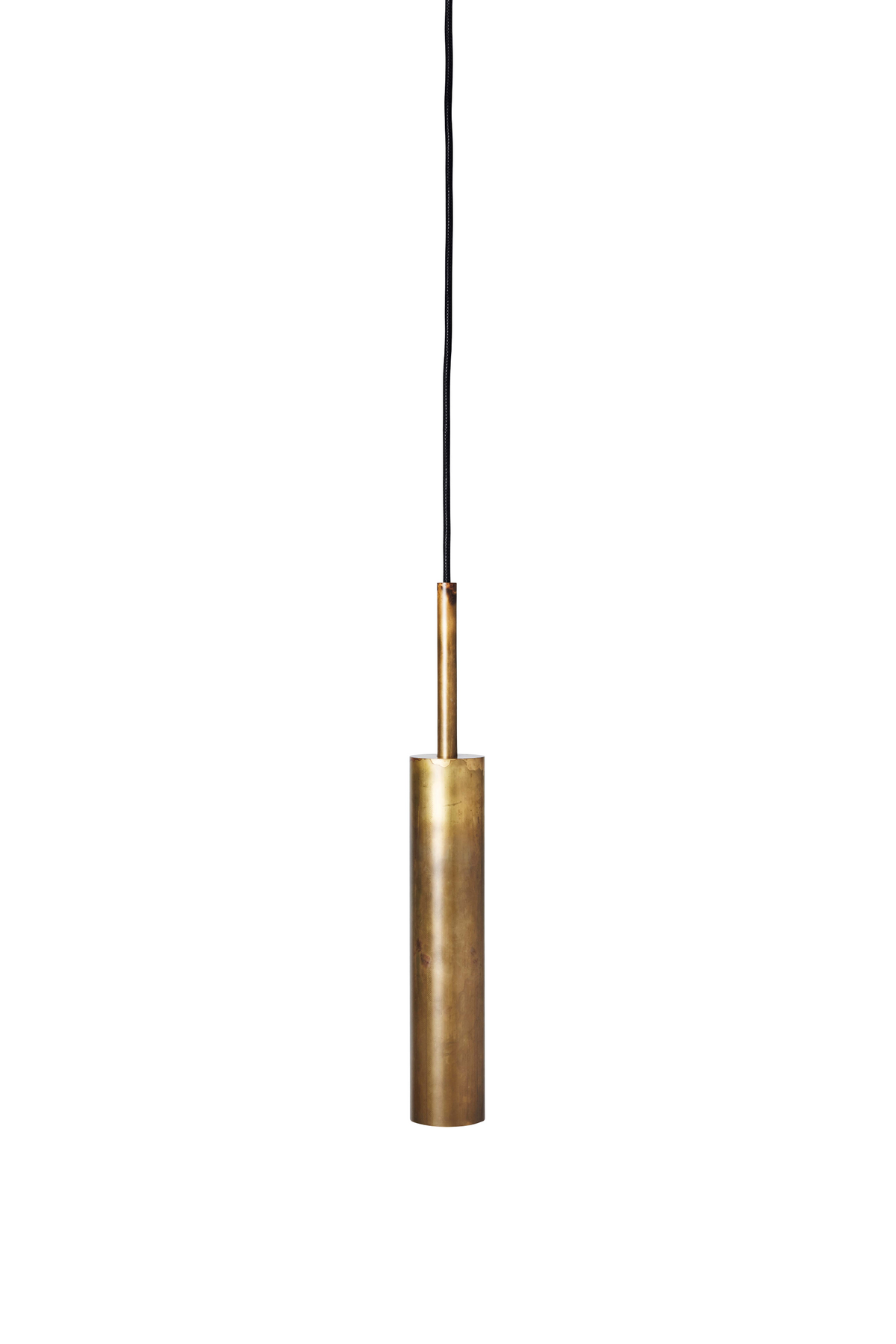 A modern cylindrical pendant light with a raw brass metal shade and a black hanging cord, shown against a plain white background.