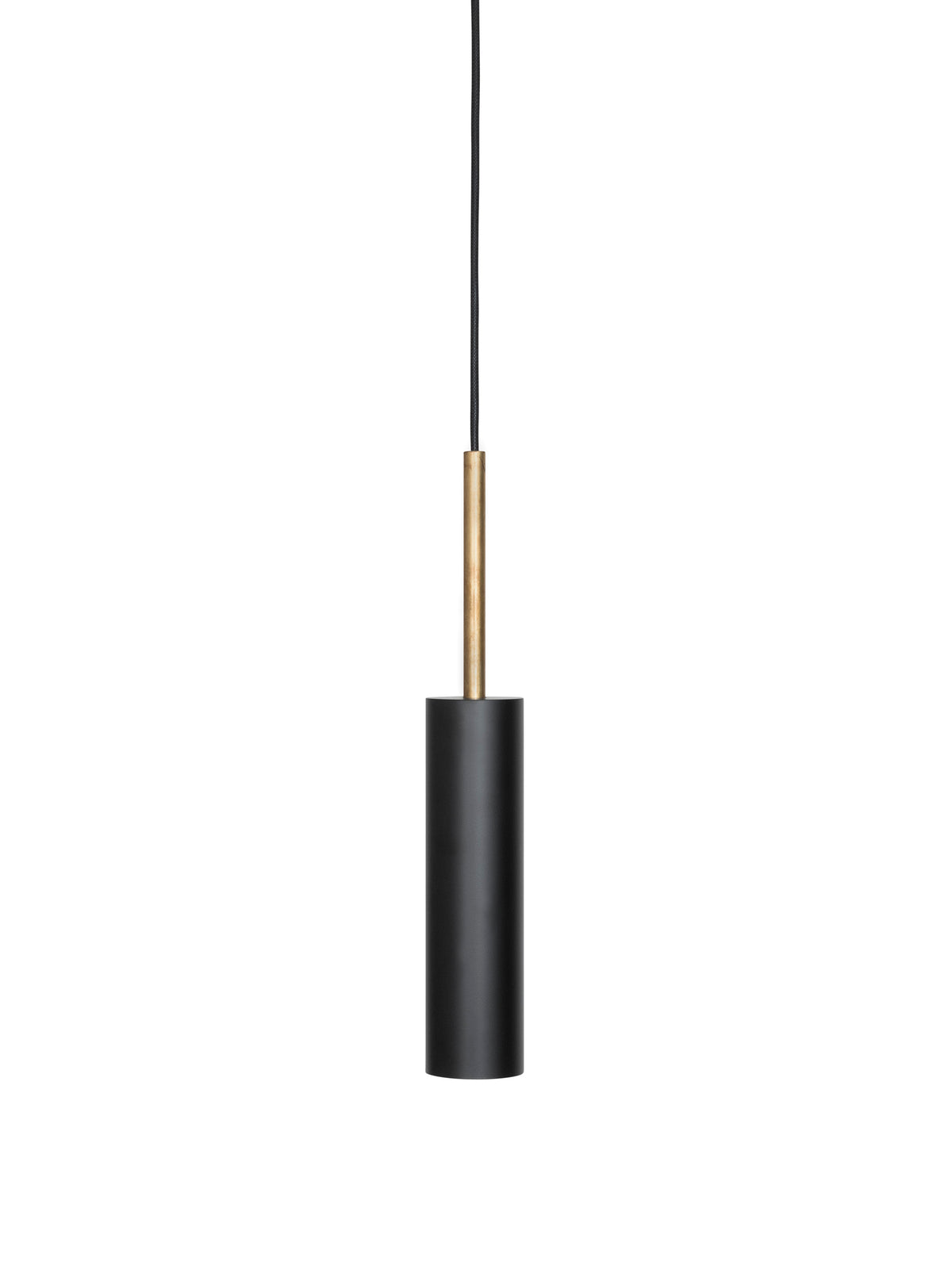 A modern pendant light with a matte black cylindrical shade and a brushed brass cylindrical accent, suspended by a thin black cord against a solid white background.