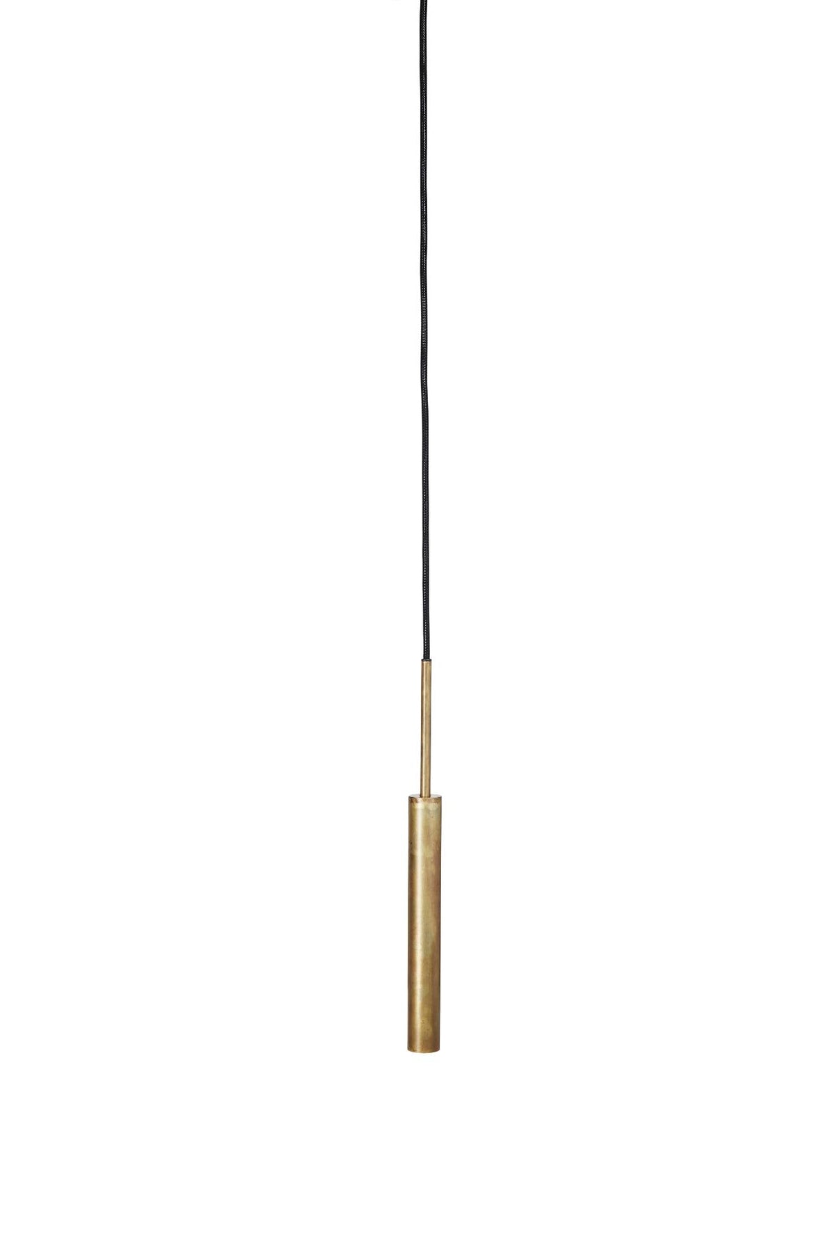Slim minimalist raw brass pendant light on white background