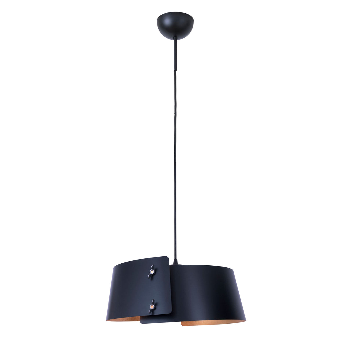 A modern black pendant light with a wide, curved drum shade, a matching black ceiling canopy, and a thin black suspension rod, featuring a warm copper interior lining visible on the underside.