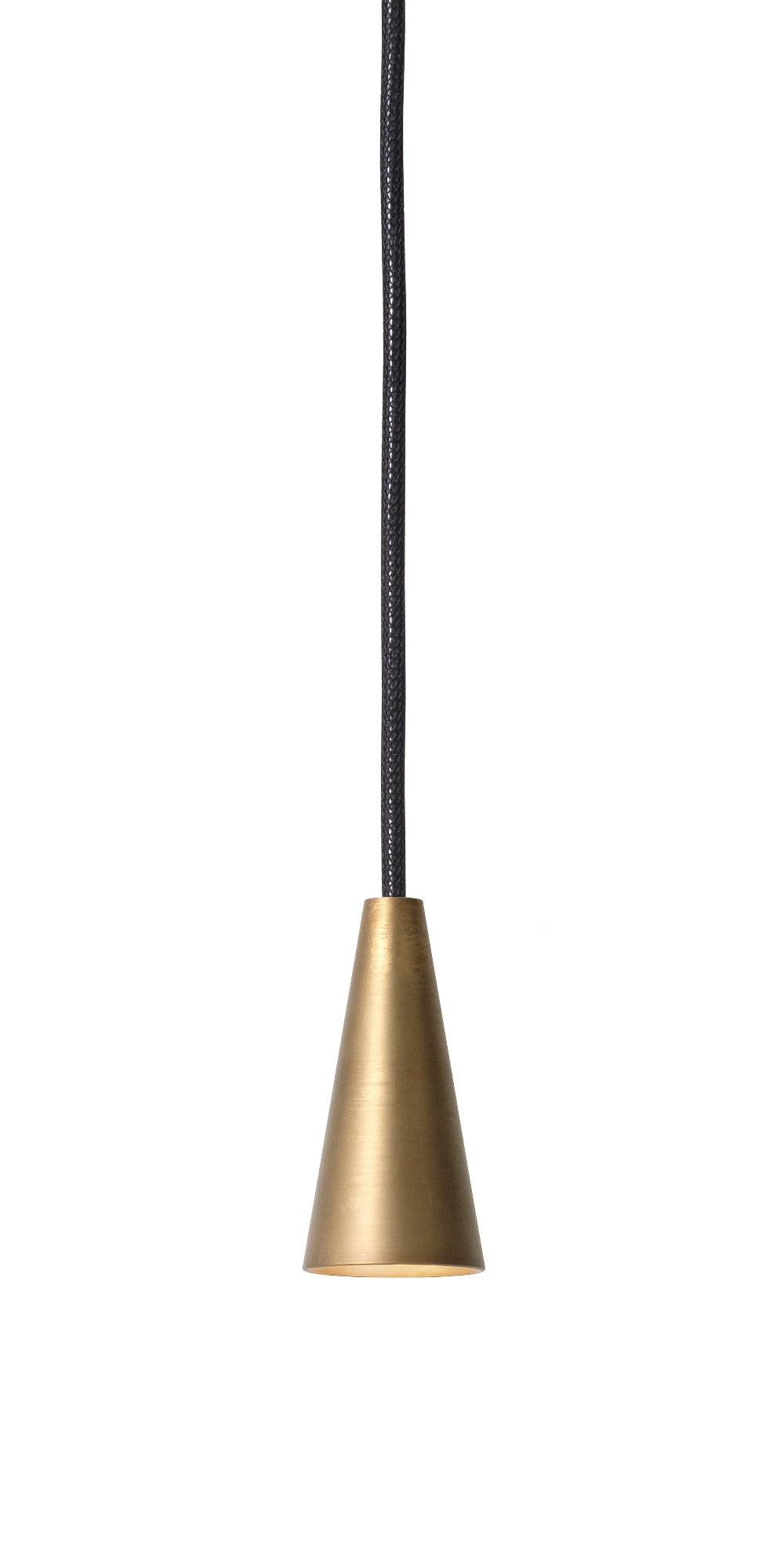 Minimalist brass conical shape pendant with black textile cord on white background 