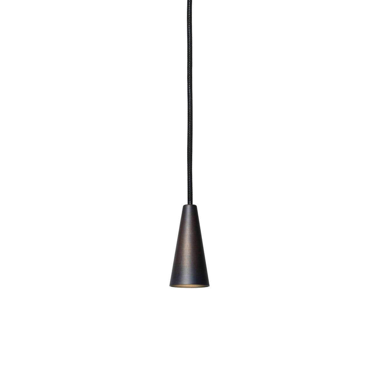 A modern pendant light with a tapered metal shade in a dark bronze finish, suspended by a thin black cord against a solid white background.