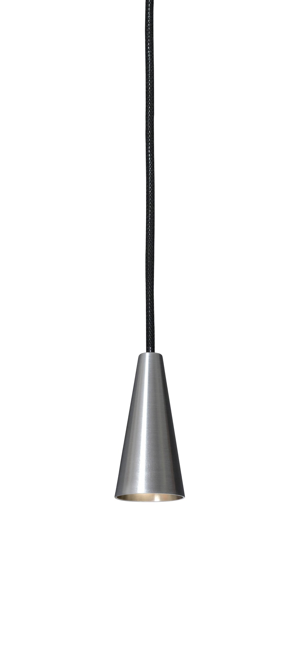 A modern pendant light with a tapered silver metal shade and a black hanging cord, shown against a plain white background.