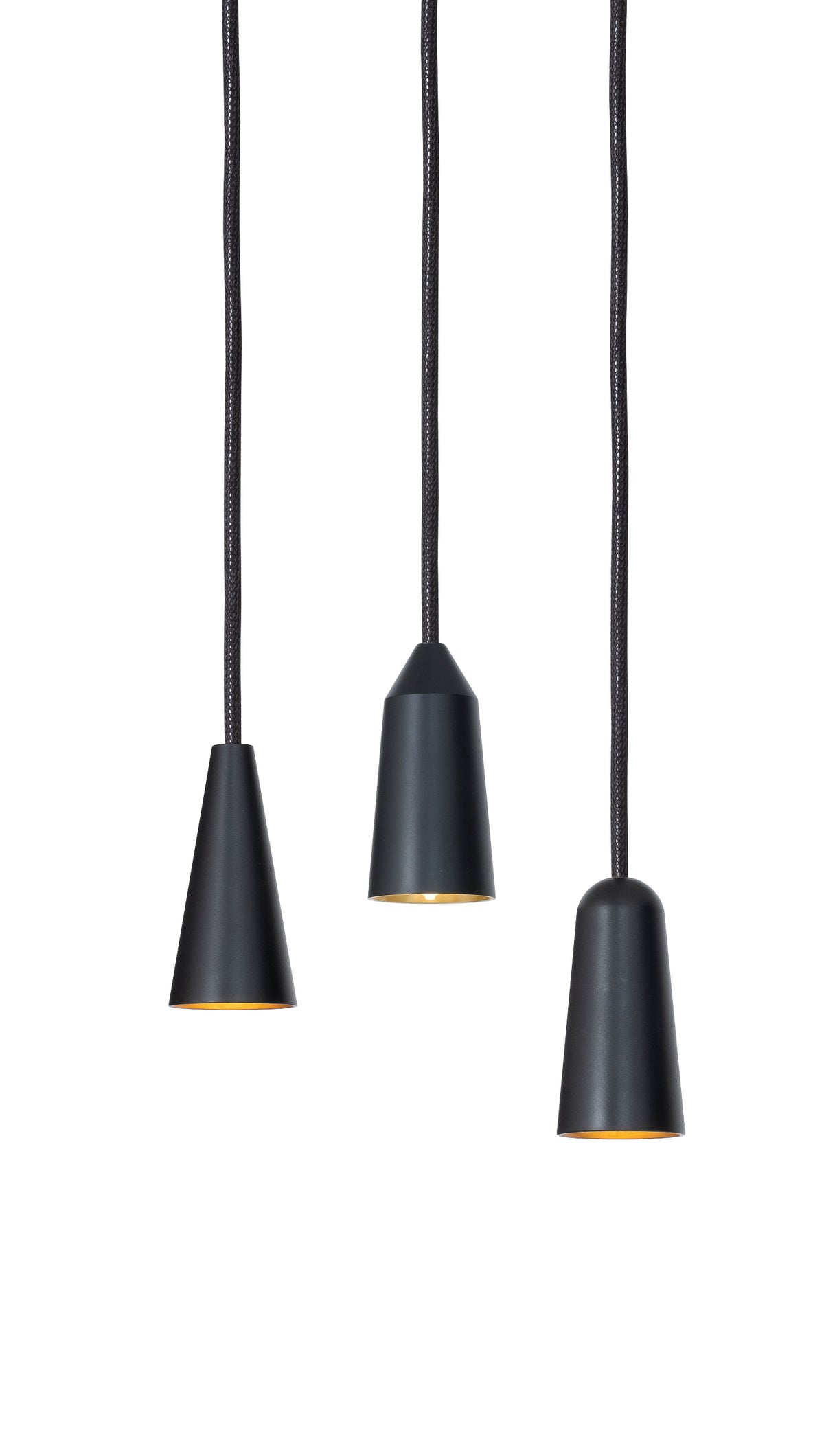 Three modern black pendant lights with tapered metal shades and warm gold-toned interior trims, suspended by black cords against a plain white background.