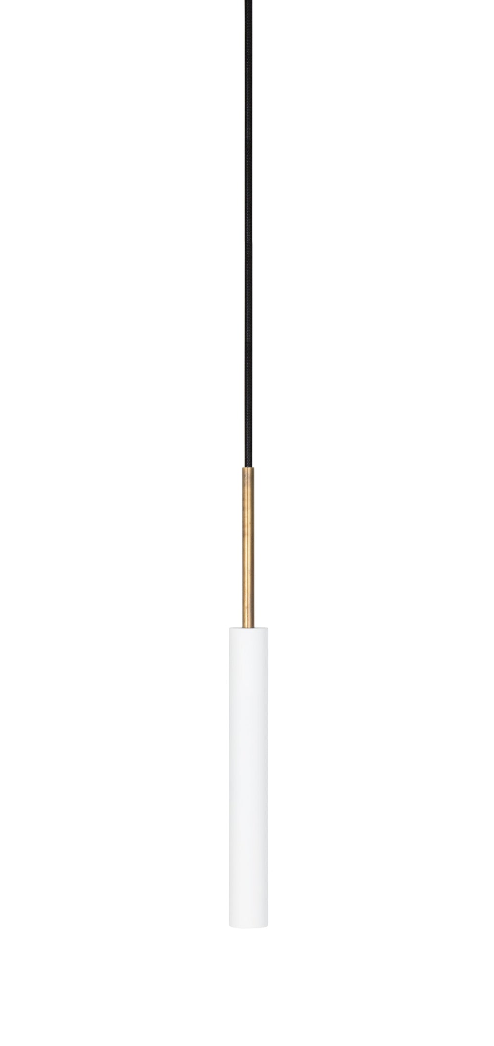 A minimalist pendant light with a matte white cylindrical shade, a slim black hanging cord, and a small brushed gold metal accent ring near the top of the shade, shown against a solid white background.