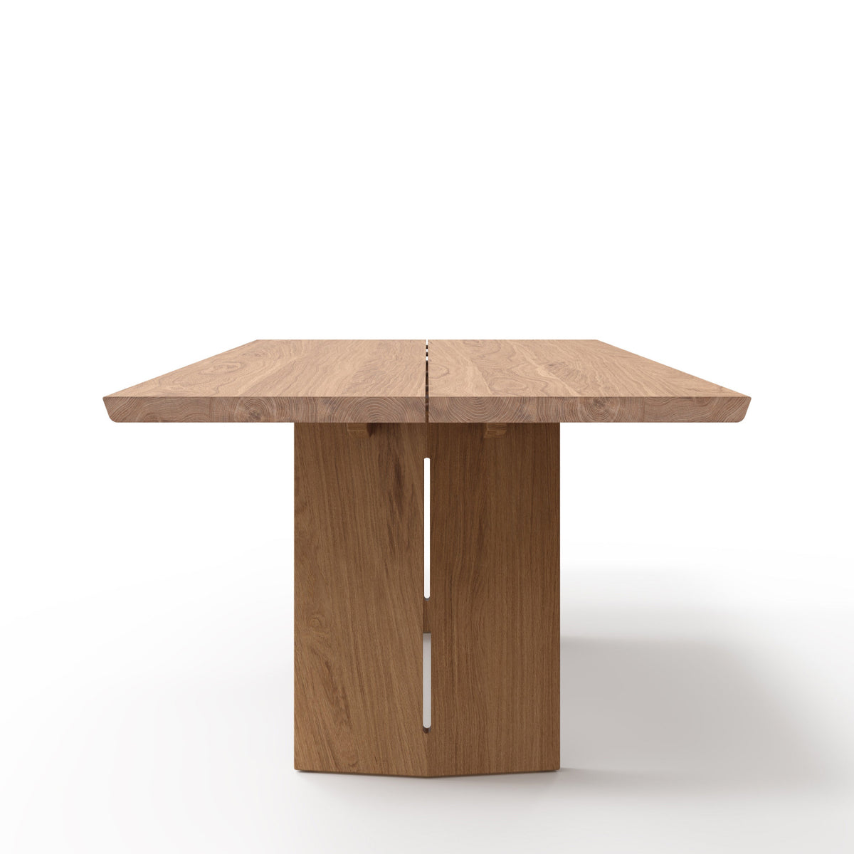 Wooden dining table with a unique design on a white background