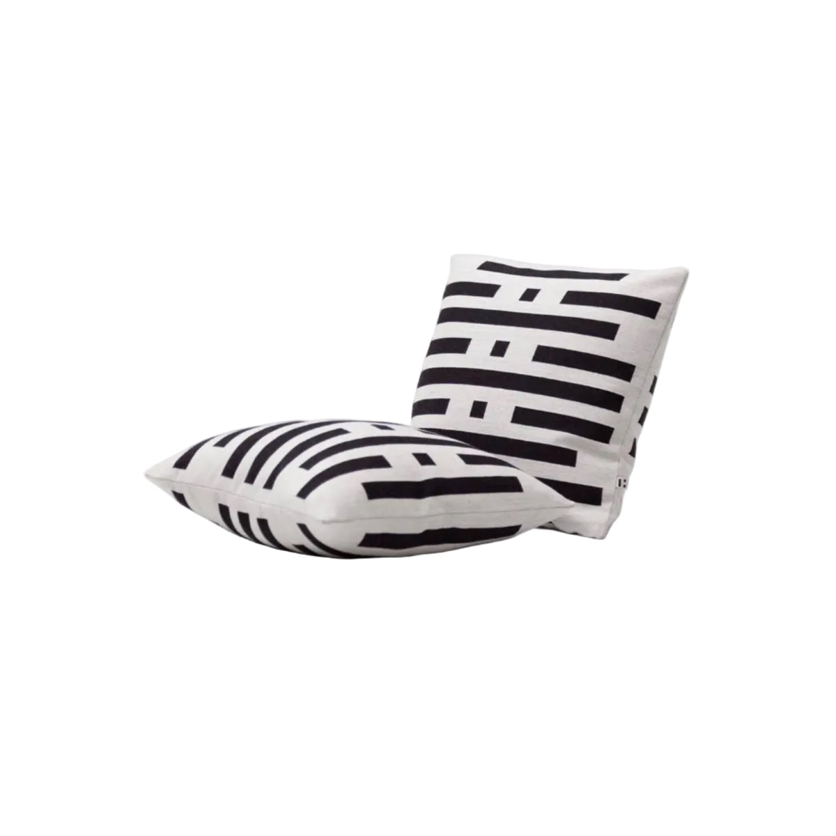 Two square throw pillows with a bold black and white geometric stripe pattern, displayed on a clean white studio background.