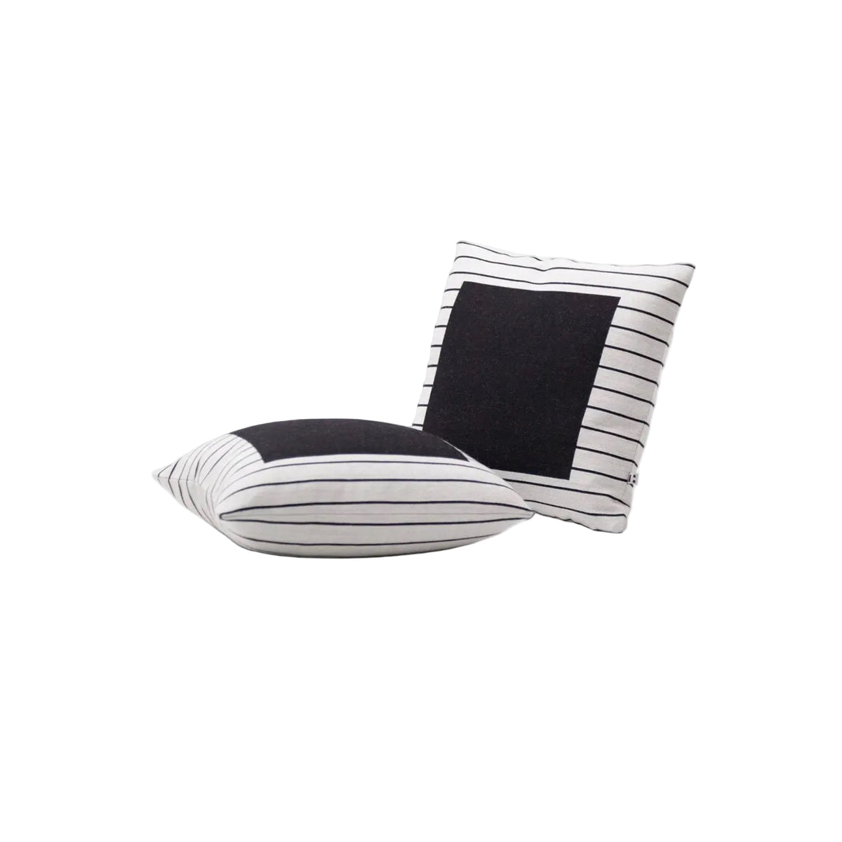 Two square throw pillows with a black and white striped pattern and a solid black central panel, displayed on a clean white studio background.