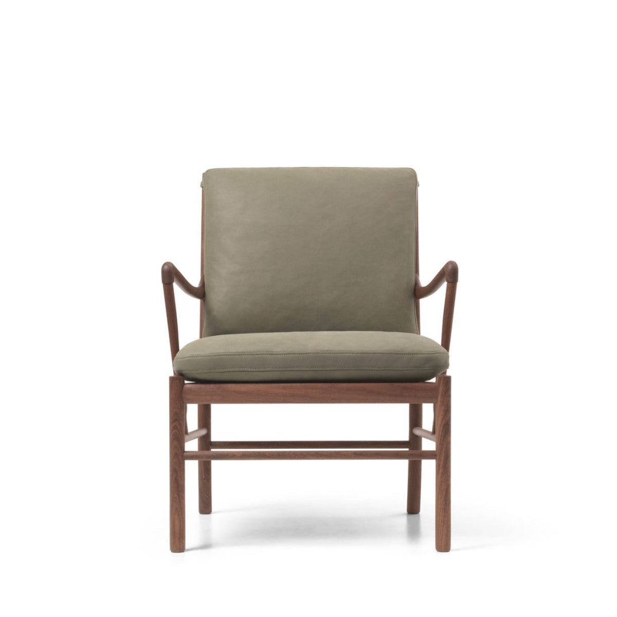 A mid-century modern accent chair featuring a warm brown wooden frame and olive green upholstered seat and back cushions, shown against a plain white background.