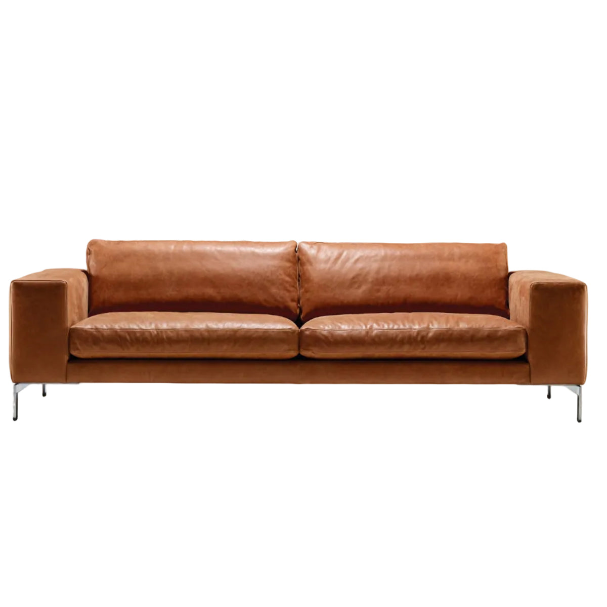 A modern two-seater sofa upholstered in warm cognac brown leather, supported by slim metallic legs, shown against a plain white background.