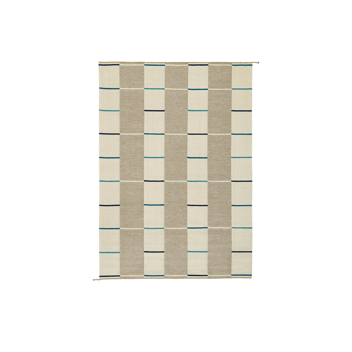 A rectangular woven rug with a geometric pattern of vertical stripes in beige and cream, accented by thin horizontal lines in teal and black.