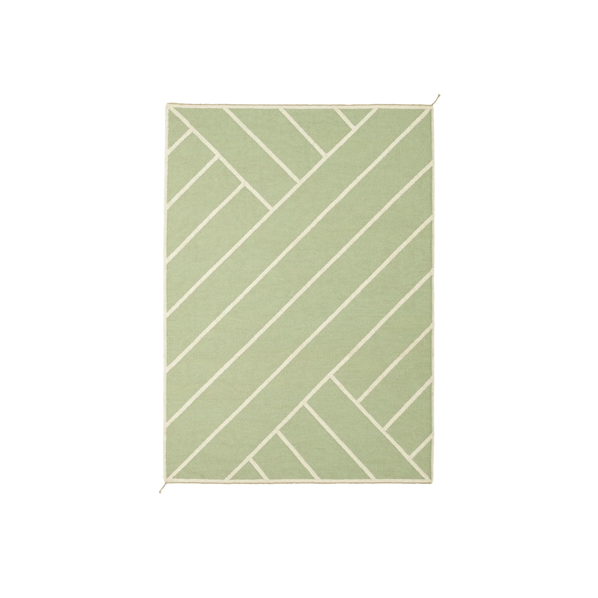 A rectangular area rug with a light sage green background and a cream-colored geometric pattern of intersecting diagonal lines, shown flat against a white background.