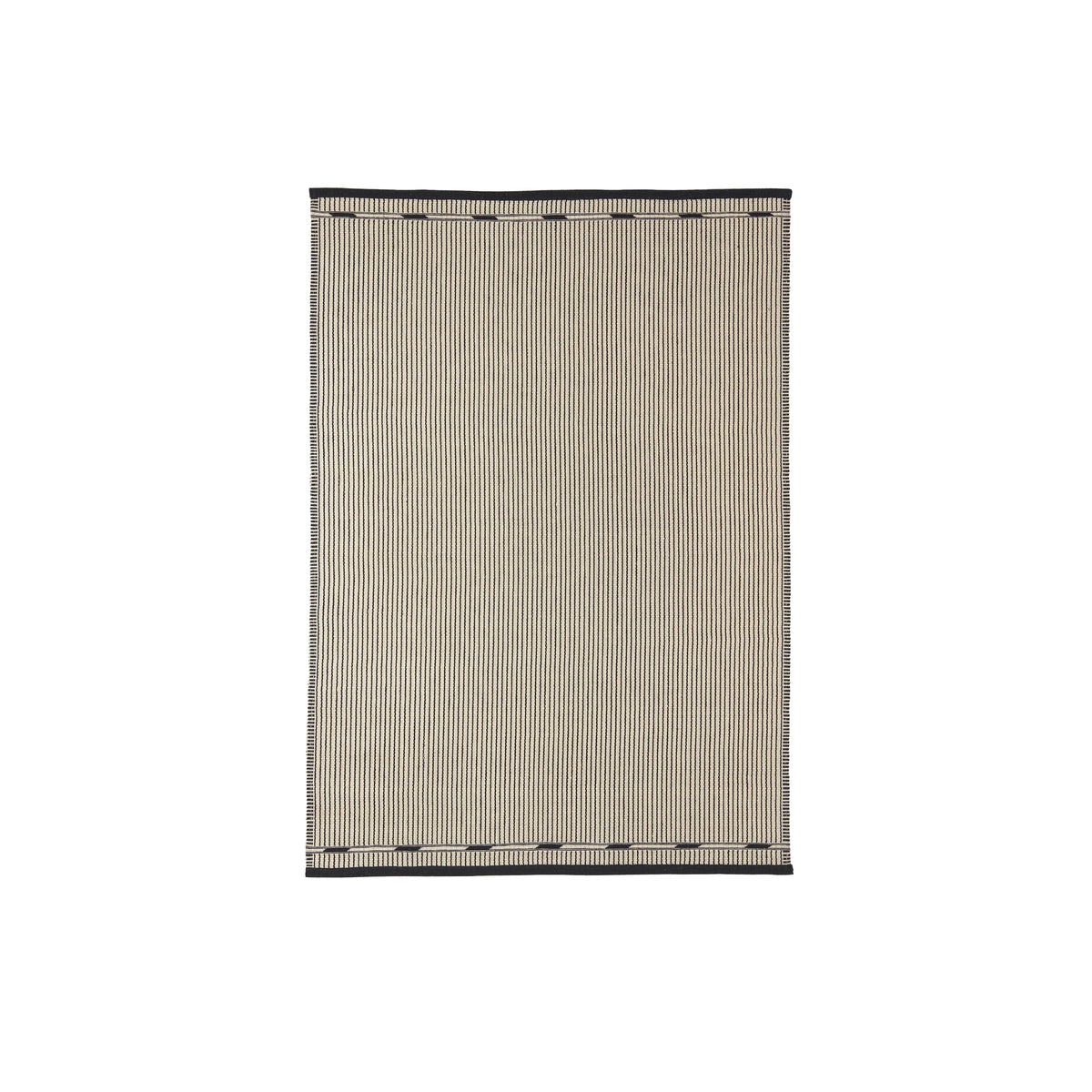 A rectangular area rug with a beige and black striped pattern and a solid black border, shown flat against a white background.