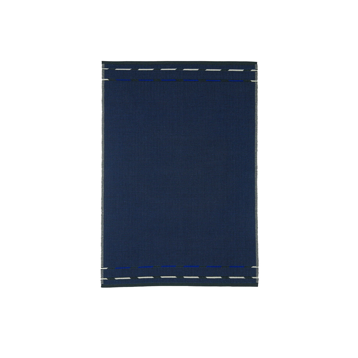 A rectangular dark navy blue woven fabric or textile sample with stitched border details, shown flat against a plain white background.