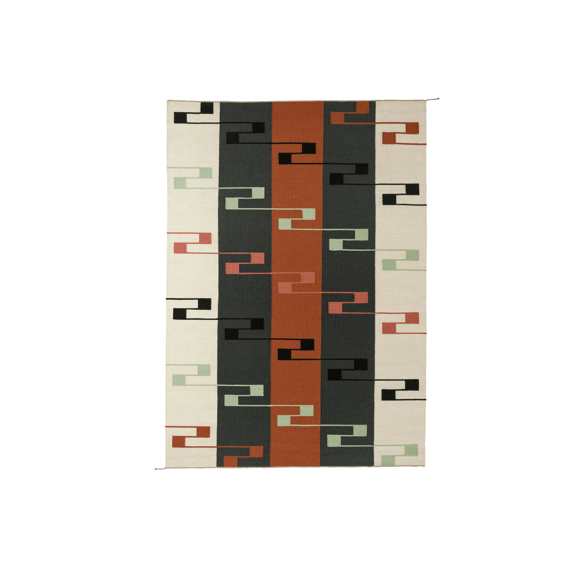 A rectangular area rug with a geometric pattern featuring vertical stripes in rust orange, charcoal gray, and cream, accented with abstract curved lines in black, dusty pink, and sage green.
