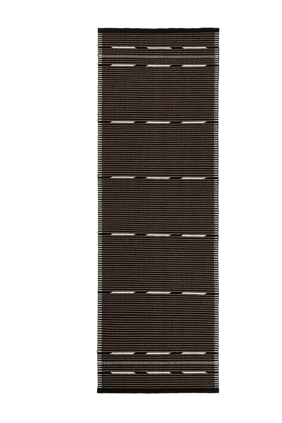 A long rectangular woven runner rug with a dark brown base and horizontal stripes in black and off-white, shown flat against a solid white background.
