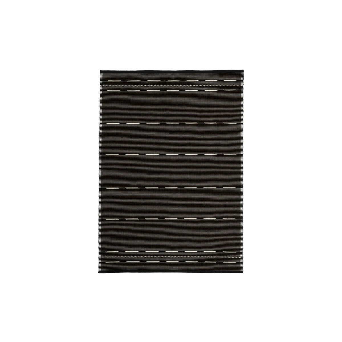 A rectangular black woven rug with horizontal rows of short white dashed lines, shown flat against a plain white background.
